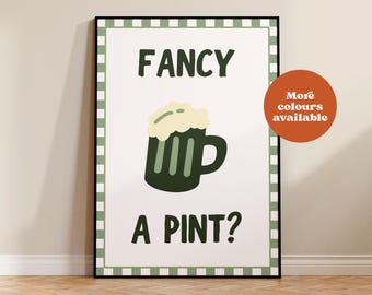 Fancy A Pint Print, Retro British, Pub Wall Art, Beer Illustration, Cafe Style Wall Decor, vintage wall art, retro print, kitchen, UNFRAMED