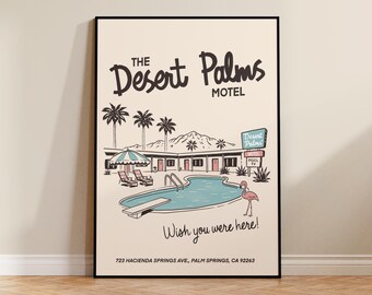 Retro Palm Springs Motel Print, Vintage Desert Wall Art, Mid-Century Modern Poster, Retro Hotel Artwork, hand-drawn Decor, unframed