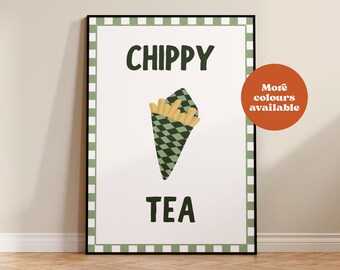 Chippy Tea Print, Retro British Kitchen Art, Food Illustration, Cafe Style Wall Decor, vintage wall art, retro print, British Food, UNFRAMED