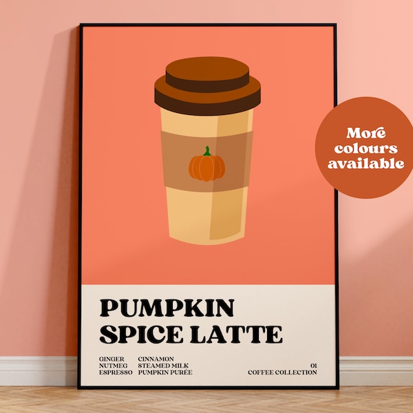 Pumpkin spice latte print, coffee poster, coffee collection, print set, coffee shop art, autumn decor, retro art, vintage print, kitchen