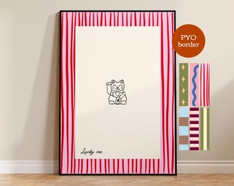 Lucky cat print, custom border, pick your own border, hand-drawn art, painted print, lucky me, trendy art, kitchen art, modern art, UNFRAMED