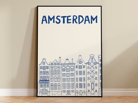 Amsterdam poster, The Netherlands art, travel print, digitally hand-drawn home decor, trendy art, painted art, birthday gift, A3 A4, Med