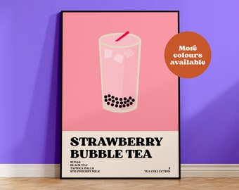 Strawberry bubble tea print, tea poster, tea collection, print set, coffee shop art, retro art, kawaii art, kitchen, boba tea, UNFRAMED