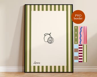 Lemons print, custom border, pick your own border, hand-drawn art, painted print, Mediterranean, trendy art, kitchen art, modern, UNFRAMED