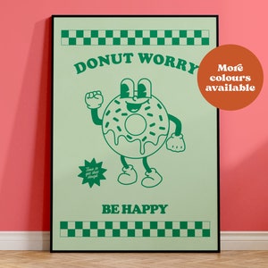 Affiche de Donut, be happy, impression rétro à emporter, beignet, personnage rétro, affiche de bar, art de cuisine, décoration d'intérieur vintage, restaurant américain, A3