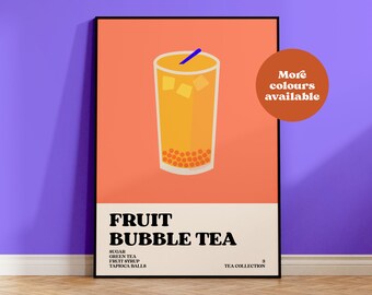 Fruit bubble tea print, tea poster, tea collection, print set, coffee shop art, autumn, retro art, kawaii art, kitchen, boba tea, UNFRAMED