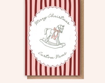 Personalised Rocking Horse Christmas Card, Custom Name Card, Vintage Christmas Card, coquette Christmas Card, Whimsical, heirloom, storybook