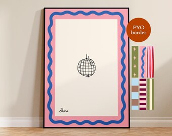 Disco ball print, custom border, pick your own border, hand-drawn art, painted print, glitterball, trendy art, modern poster, UNFRAMED