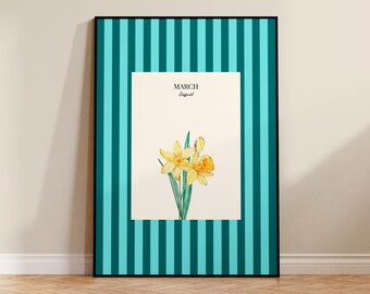 Birthday Flower Print, January, February, March, Carnation, Violet, Daffodil, vintage print, stripe art, birthday gift, for mum, for wife