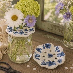 Handmade Polymer Clay Flower Frog, Blue Delft Wildflower Arranger, Cottagecore Decor