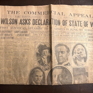 World War I newspaper, April 3, 1917, The Commercial Appeal, original WWI memorabilia, historical newspaper