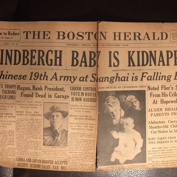 Lindbergh Baby Kidnapped Newspaper, Original The Boston Herald March 2, 1932, 1930s Lindbergh, front page, aviation history