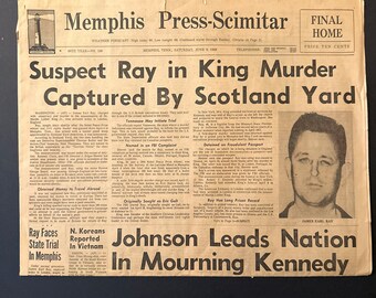 James Earl Ray, Martin Luther King newspaper, Memphis Press Scimitar, June 8, 1968, Suspect Ray in King Murder Captured by Scotland Yard