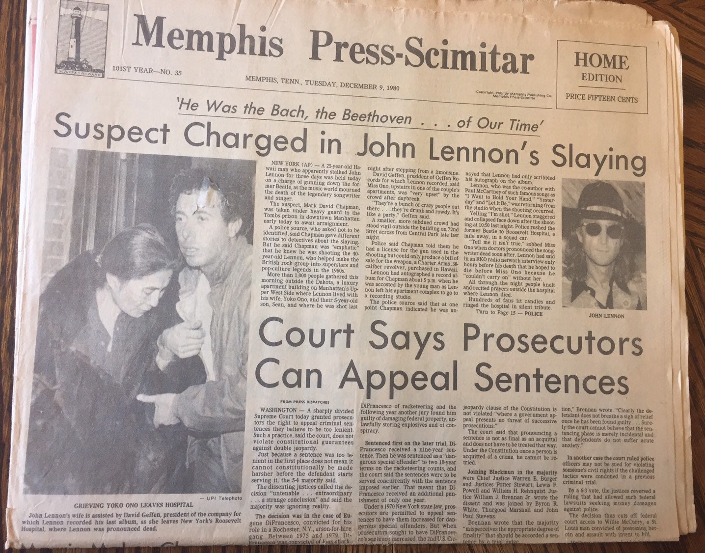 John Lennon Assassination Newspaper, December 9, 1980, Memphis Press