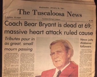 Coach Bear Bryant Death Announcement Newspaper, The Tuscaloosa News, January 26, 1983, Alabama Football Memorabilia, University of Alabama
