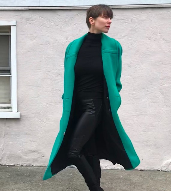 Long Emerald Green 80s Style Vintage Wool Coat Etsy