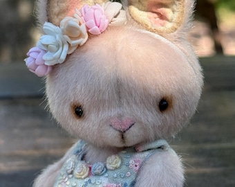 Handmade Miniature Bunny, Viscose Teddy Bunny, Collectible OOAK