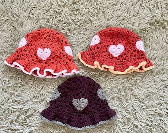 Hand Crocheted Heart Granny Square Bucket Hat