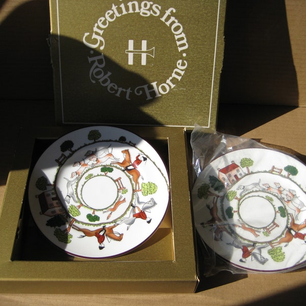 Crown Staffordshire Hunting Scene 2x Side Plates with Original Presentation Box