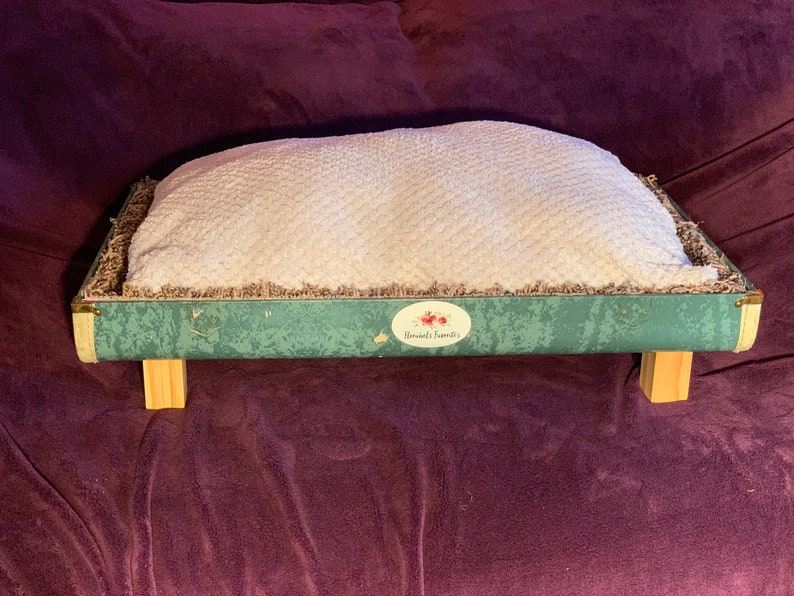 Suitcase Pet Bed- Blue with Grey Bed Cat Bed Dog Bed Vintage Pet Bed