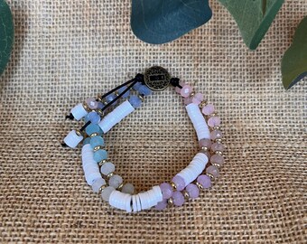 Pastel Crystal Beaded Leather Wrap Bracelet, Boho Chic