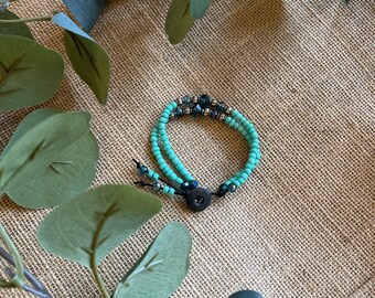 Teal Beaded Leather Wrap Bracelet with Button - Handmade Boho Jewelry