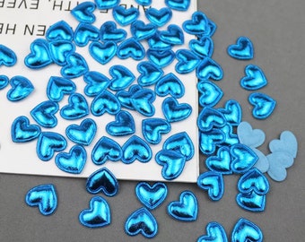 Heart shaped blue metallic fabric embellishments, 17mm
