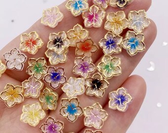 flower cabochons, 10mm mixed colour with gold edges