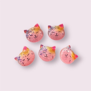 Cat resin embellishments, glitter 18mm pink cabochons, flat back resin cat, craft supplies, animal cabochon, stick on cat faces, set of 5