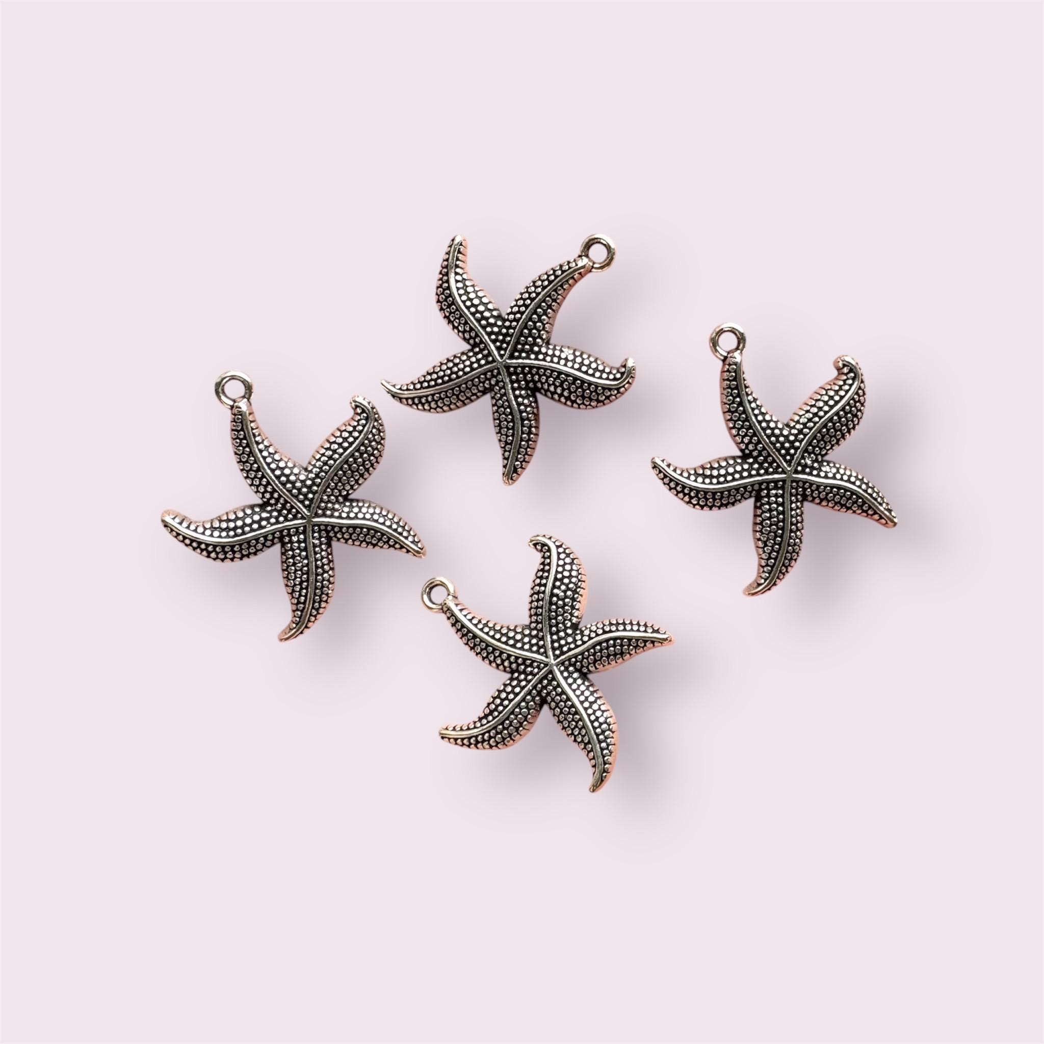 2 Large Starfish Pendants – Star Fish Charms – Antiqued Silver – Ocean Jewelry 26mm