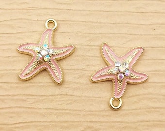 Pink starfish charm, 20mm gold alloy pendant, rhinestone