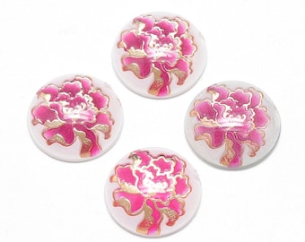 Round floral cabochon, 12mm pink and gold acrylic
