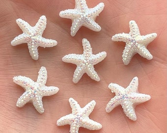 Starfish resin cabochons, white rhinestone effect starfish embellishments, flat back cabochons, sea theme cabochon, set of 20