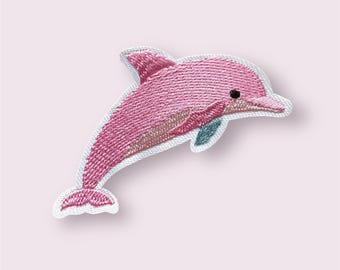 Dolphin patch, iron on patches, pink embroidered dolphin appliqué, sea theme clothing patches, no sew patch, sewing supplies