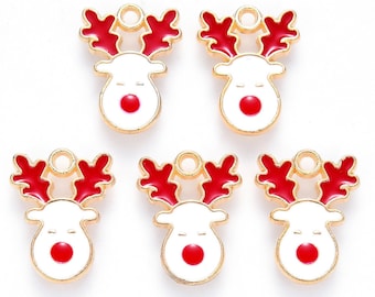 Reindeer charms, gold, 17mm enamel Christmas charms, animal Christmas bracelet charm,  2pcs, 5pcs