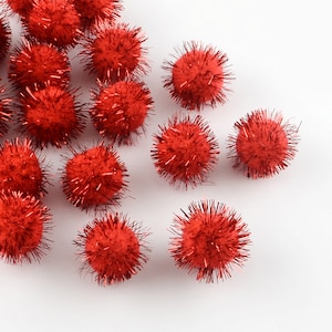 Pom Poms, red metallic pom poms, 15mm craft embellishments, kids crafts supplies, set of 50
