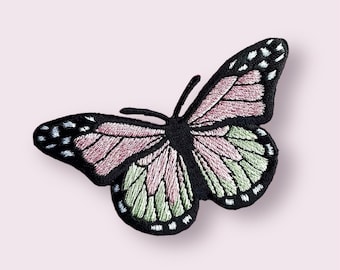 Butterfly patch, pink 8cm embroidered butterfly patch, pink butterfly appliqué, butterfly garment patch, no sew patch