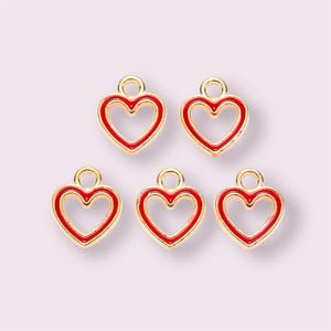 Red Heart charms, Red hollow enamel heart charm, heart bracelet charm, enamel heart pendant, heart shaped jewellery supplies, 2pcs, 5pcs