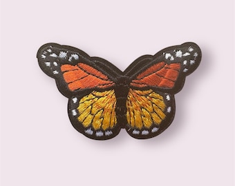 Butterfly patch, orange iron on embroidered patch, 8cm butterfly patch, butterfly appliqué,  butterfly garment patch, no sew patches