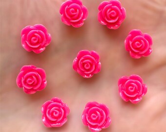 Flower cabochons, deep pink 10mm rose embellishments, resin flat back flower cabochon, floral embellishments, craft supplies, set of 20