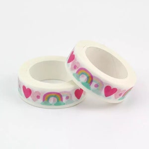 Washi tape roll, 10m rainbows and hearts craft tape, single sided adhesive tape, decorative washi tape, patterned washi tape