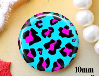 round blue and pink  leopard pattern glass cabochons, blue 10mm flat back, earring cabochons