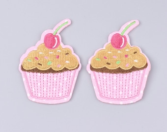 cake iron on patch, cute pink cupcake garment patch, 72mm medium patch, girls patch, embroidered patch