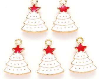 Christmas tree charms, white 26mm enamel Christmas charms, Xmas tree pendant, 2pcs, 5pcs
