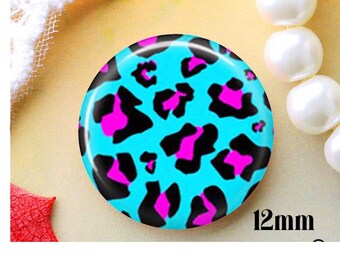 round blue and pink leopard pattern glass cabochons, pink 12mm flat back, earring cabochons