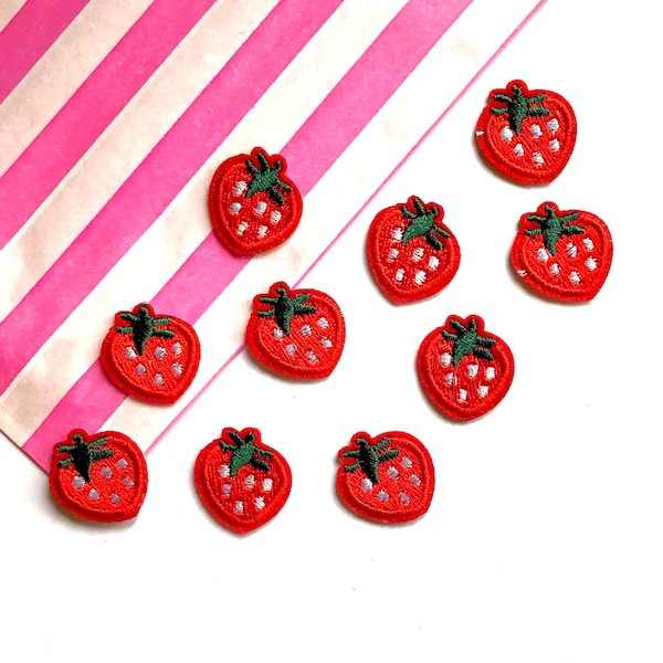 Strawberry iron on patches, embroidered fruit patch, 2cm strawberry clothing applique, fruit garment patch, cute patches, 2pc, 5pcs
