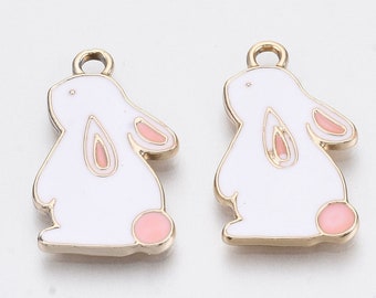 White Rabbit Enamel Charms, Gold Tone Alloy, 21mm