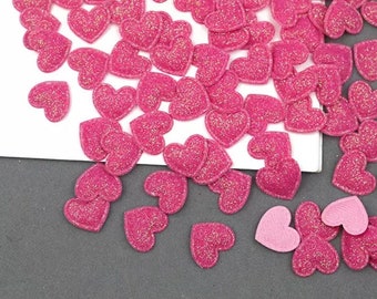 Heart shaped pink glitter fabric embellishments, 17mm