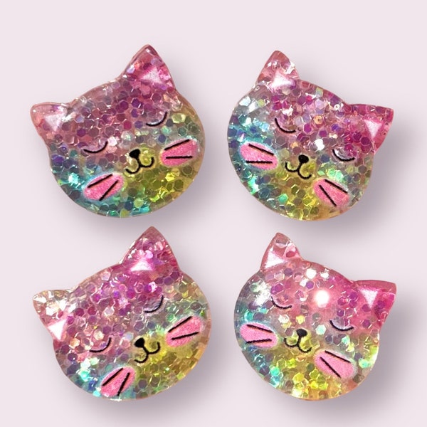 Glitter cat resin embellishments, 19mm pink cat craft cabochons, flat back resin cat, cute craft supplies, animal cabochon, set of 5