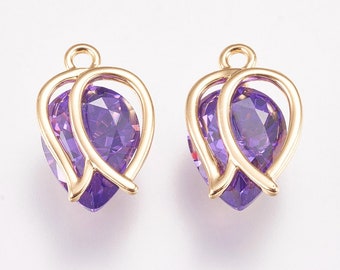 Purple glass and 18k gold charms x 2